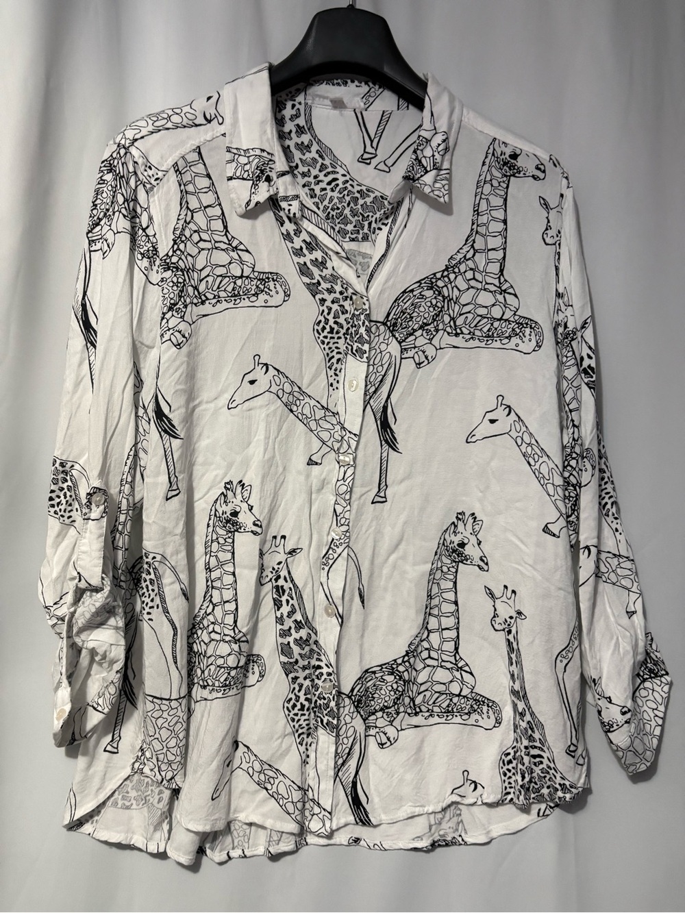 Jane and Delancey White Button-Down Shirt with Black Giraffe Print